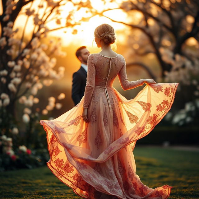 A graceful woman wearing a flowing, elegant dress, standing with her back to a charming man