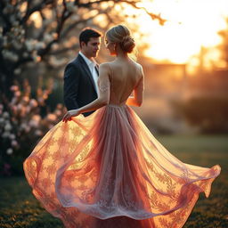 A graceful woman wearing a flowing, elegant dress, standing with her back to a charming man