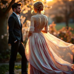 A graceful woman wearing a flowing, elegant dress, standing with her back to a charming man