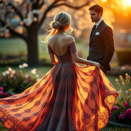A graceful woman wearing a flowing, elegant dress, standing with her back to a charming man