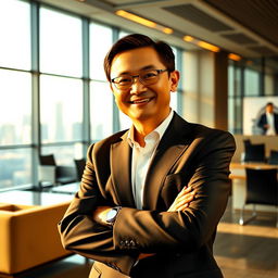 A stylized portrait of Jack Ma, founder of Alibaba, standing confidently in a modern office environment