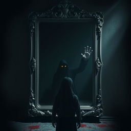 Titled 'Bayangan di Balik Cermin', an antique mirror stands in the center of a darkened room with a lavishly carved old silver frame that exudes a mystical aura