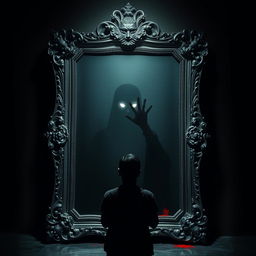 Titled 'Bayangan di Balik Cermin', an antique mirror stands in the center of a darkened room with a lavishly carved old silver frame that exudes a mystical aura