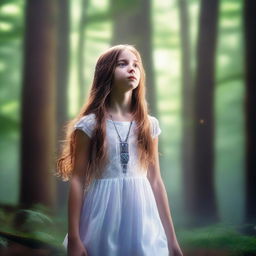 A high-quality 4K image presents a lush forest with a young girl levitating in the middle