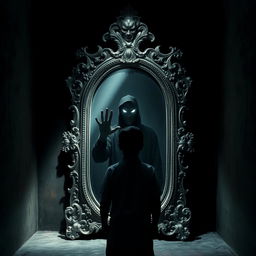 Titled 'Bayangan di Balik Cermin', an antique mirror stands in the center of a darkened room with a lavishly carved old silver frame that exudes a mystical aura