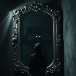Titled 'Bayangan di Balik Cermin', an antique mirror stands in the center of a darkened room with a lavishly carved old silver frame that exudes a mystical aura