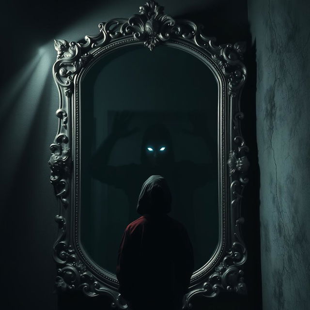 Titled 'Bayangan di Balik Cermin', an antique mirror stands in the center of a darkened room with a lavishly carved old silver frame that exudes a mystical aura