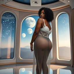 A full-body image of a beautiful mature African American woman aged 50, with curly black hair, showcasing a well-toned and curvy physique