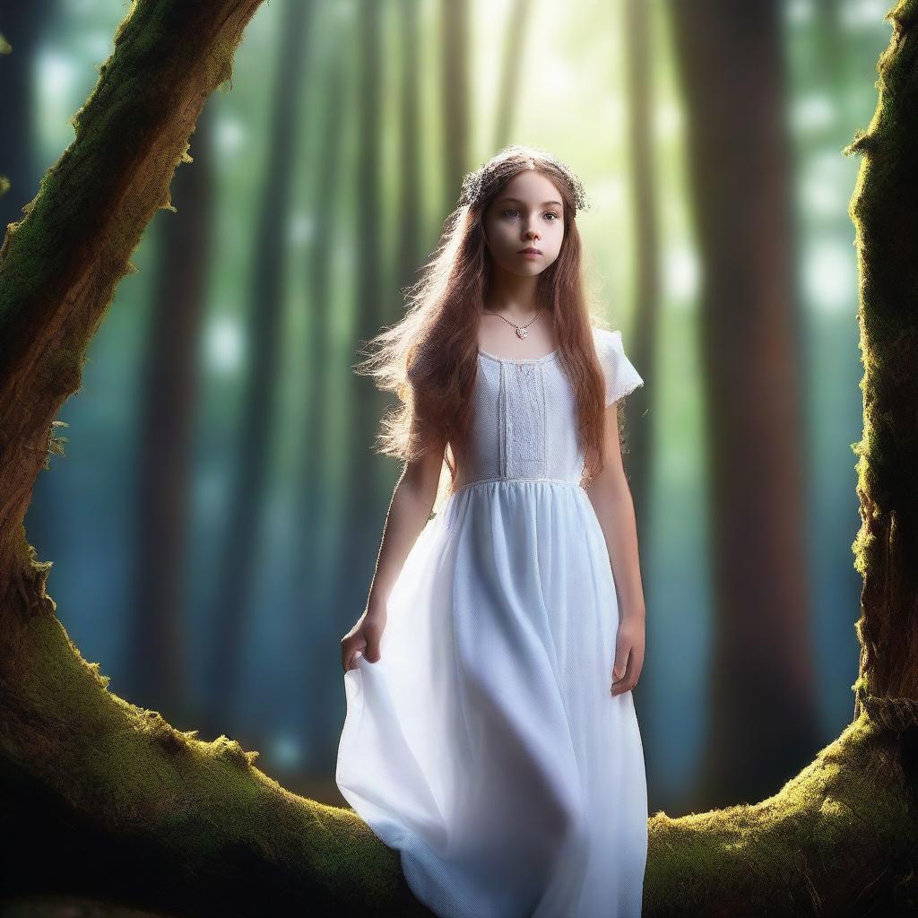 A high-quality 4K image presents a lush forest with a young girl levitating in the middle