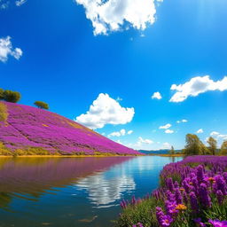 A vibrant landscape featuring a rolling hill covered with bright purple flowers under a clear blue sky