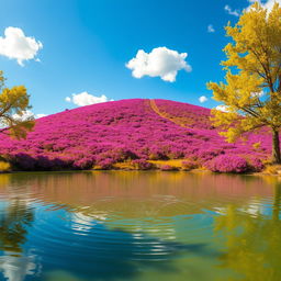 A vibrant landscape featuring a rolling hill covered with bright purple flowers under a clear blue sky