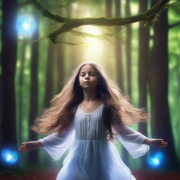 A high-quality 4K image presents a lush forest with a young girl levitating in the middle