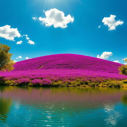 A vibrant landscape featuring a rolling hill covered with bright purple flowers under a clear blue sky