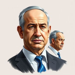 A visually striking artwork of Benjamin Netanyahu that combines sketch technique with oil paint, depicting him from three different perspectives: a precise profile, a frontal view, and a dynamic three-quarter view