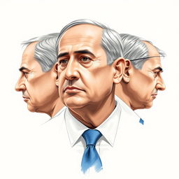 A visually striking artwork of Benjamin Netanyahu that combines sketch technique with oil paint, depicting him from three different perspectives: a precise profile, a frontal view, and a dynamic three-quarter view
