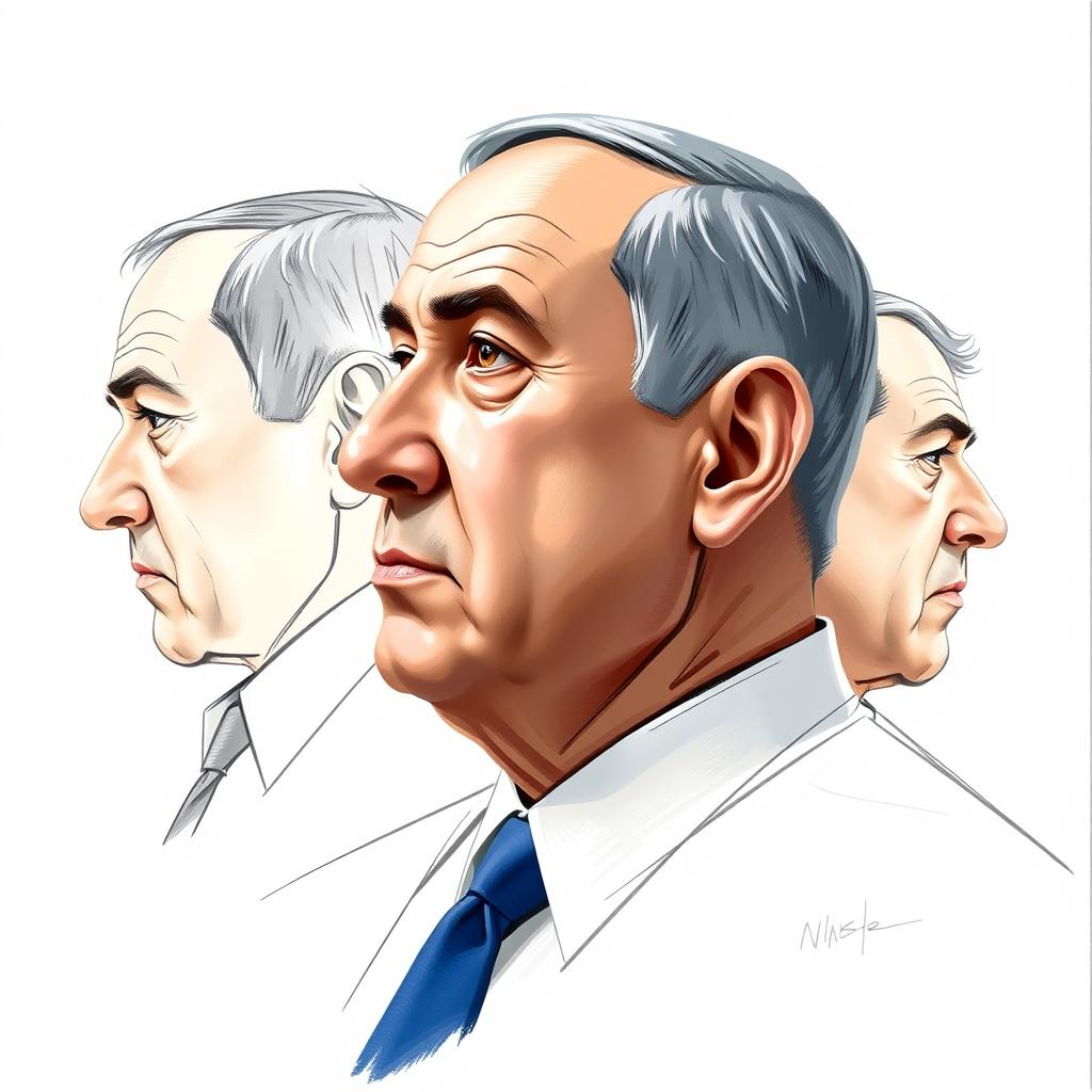 A visually striking artwork of Benjamin Netanyahu that combines sketch technique with oil paint, depicting him from three different perspectives: a precise profile, a frontal view, and a dynamic three-quarter view