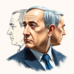A visually striking artwork of Benjamin Netanyahu that combines sketch technique with oil paint, depicting him from three different perspectives: a precise profile, a frontal view, and a dynamic three-quarter view