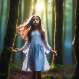 A high-quality 4K image presents a lush forest with a young girl levitating in the middle