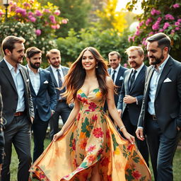 A stylish and elegant young woman in a flowing, colorful dress, surrounded by several well-dressed men