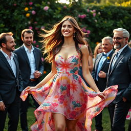 A stylish and elegant young woman in a flowing, colorful dress, surrounded by several well-dressed men