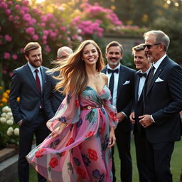 A stylish and elegant young woman in a flowing, colorful dress, surrounded by several well-dressed men