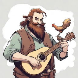 This is an ultra-realistic comic-style image of an ugly bard with a smile, playing a lute