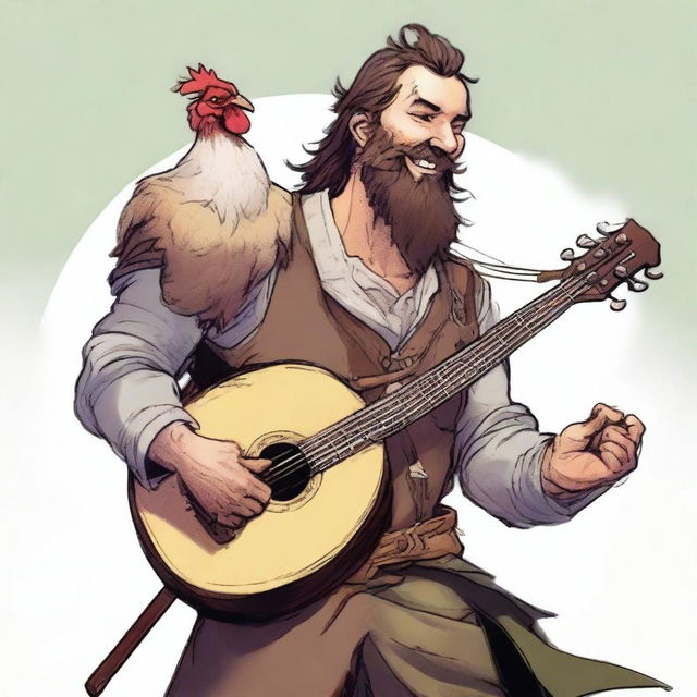 This is an ultra-realistic comic-style image of an ugly bard with a smile, playing a lute