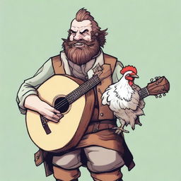 This is an ultra-realistic comic-style image of an ugly bard with a smile, playing a lute