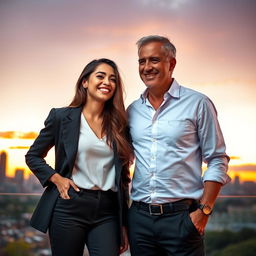 A beautiful and confident young woman standing next to a distinguished man, both exuding charm and elegance