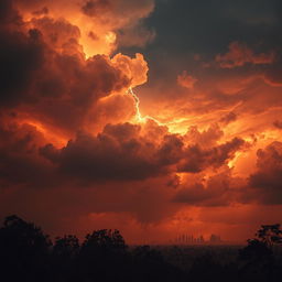 A dramatic and haunting depiction of a sky engulfed in destruction, filled with dark storm clouds swirling menacingly