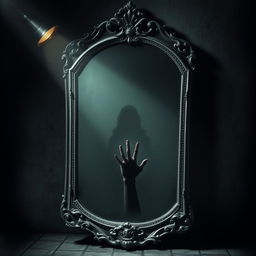An antique mirror stands in the center of a dimly lit room with ornate silver frame, exuding a mystical atmosphere