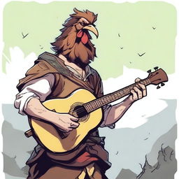 This is an ultra-realistic comic-style image of an ugly bard, smiling as he strums a lute