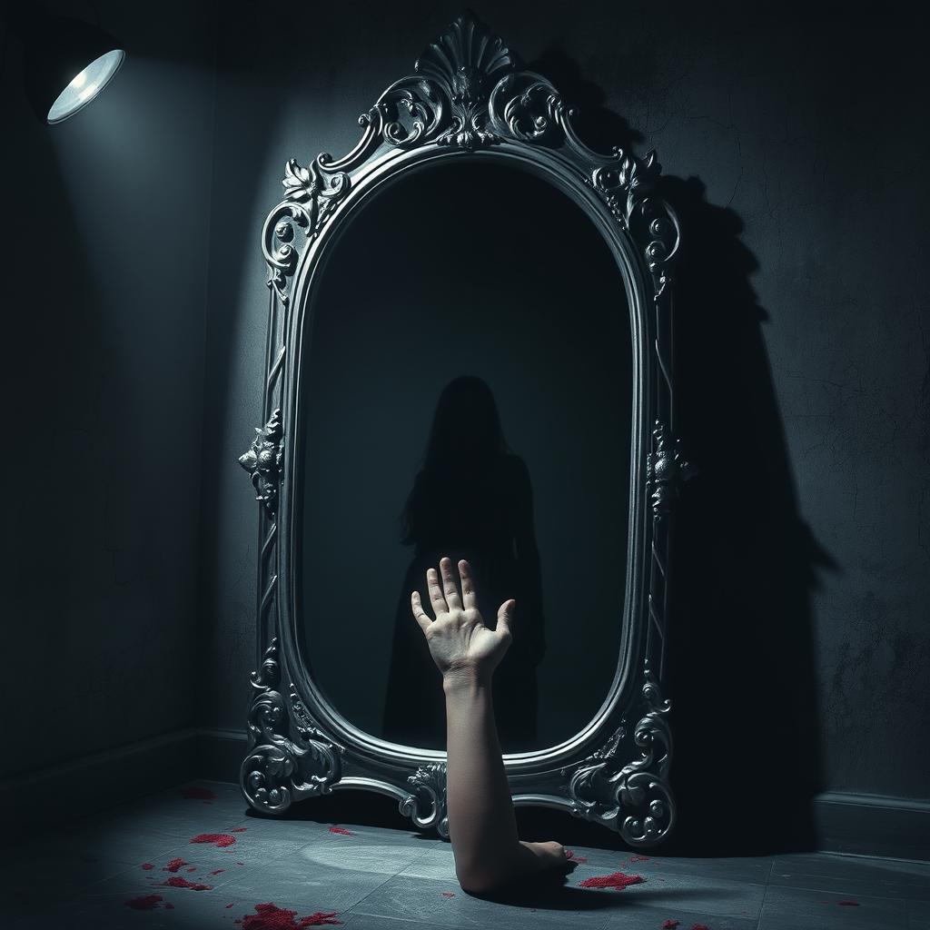 An antique mirror stands in the center of a dimly lit room with ornate silver frame, exuding a mystical atmosphere