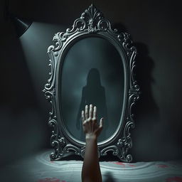 An antique mirror stands in the center of a dimly lit room with ornate silver frame, exuding a mystical atmosphere