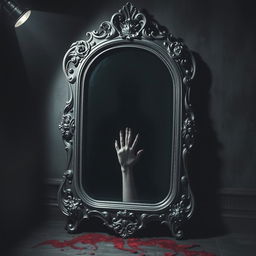 An antique mirror stands in the center of a dimly lit room with ornate silver frame, exuding a mystical atmosphere