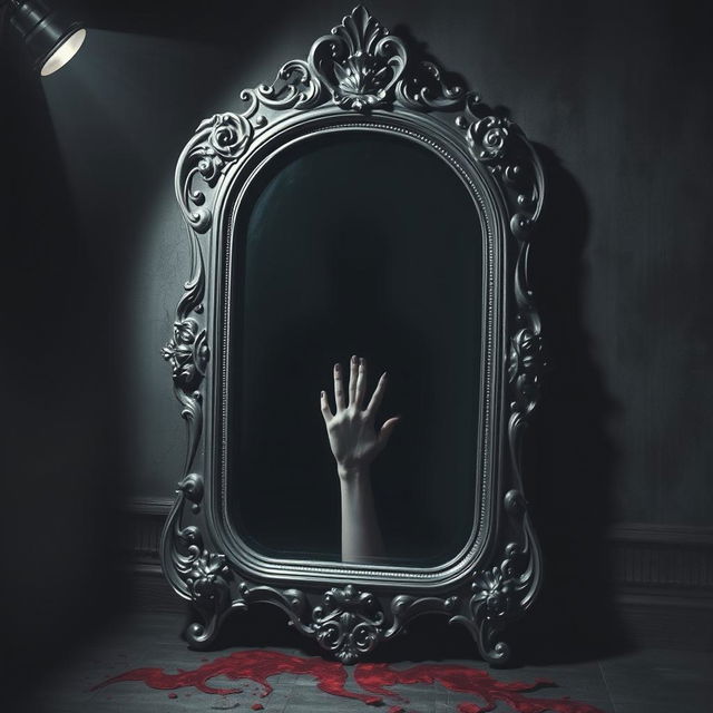 An antique mirror stands in the center of a dimly lit room with ornate silver frame, exuding a mystical atmosphere