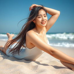 A beautiful sweet Korean woman lounging gracefully on a sandy beach, enjoying the warmth of the sun