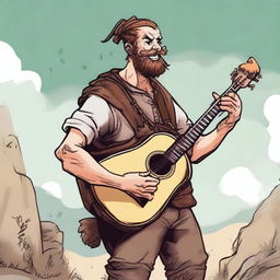 This is an ultra-realistic comic-style image of an ugly bard, smiling as he strums a lute