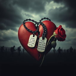 A poignant symbol of lost love, war, and sacrifice, featuring a broken heart entwined with military dog tags and a wilted rose