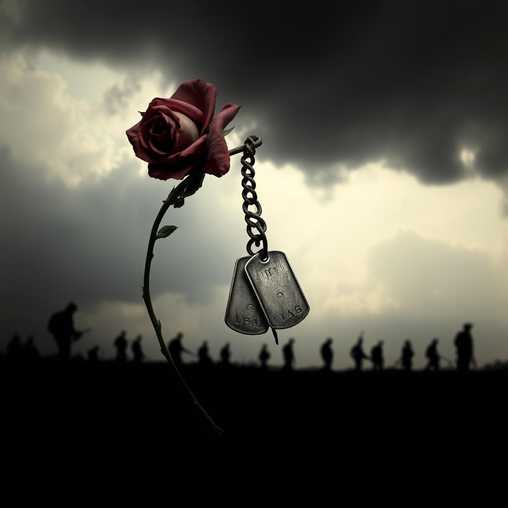 A poignant symbol of lost love, war, and sacrifice, featuring a broken heart entwined with military dog tags and a wilted rose