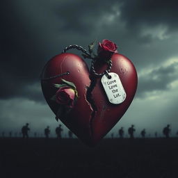 A poignant symbol of lost love, war, and sacrifice, featuring a broken heart entwined with military dog tags and a wilted rose