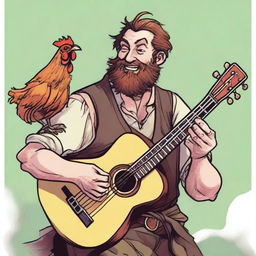 This is an ultra-realistic comic-style image of an ugly bard, smiling as he strums a lute