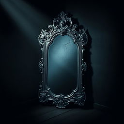 A mystical antique mirror stands in the center of a dark room, featuring an ornate vintage silver frame with intricate carvings