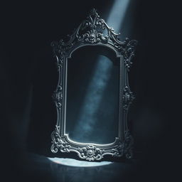 A mystical antique mirror stands in the center of a dark room, featuring an ornate vintage silver frame with intricate carvings