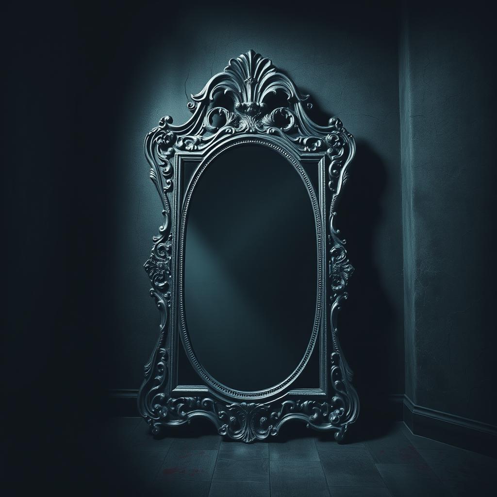 A mystical antique mirror stands in the center of a dark room, featuring an ornate vintage silver frame with intricate carvings