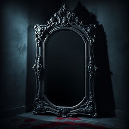 A mystical antique mirror stands in the center of a dark room, featuring an ornate vintage silver frame with intricate carvings