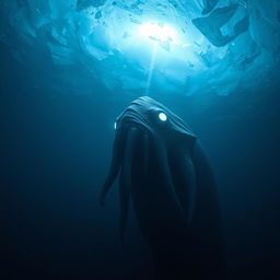 A gigantic deep sea creature, resembling a bioluminescent leviathan, is seen looking up towards a tiny flashlight beam piercing through a thick layer of icy water