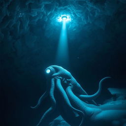 A gigantic deep sea creature, resembling a bioluminescent leviathan, is seen looking up towards a tiny flashlight beam piercing through a thick layer of icy water