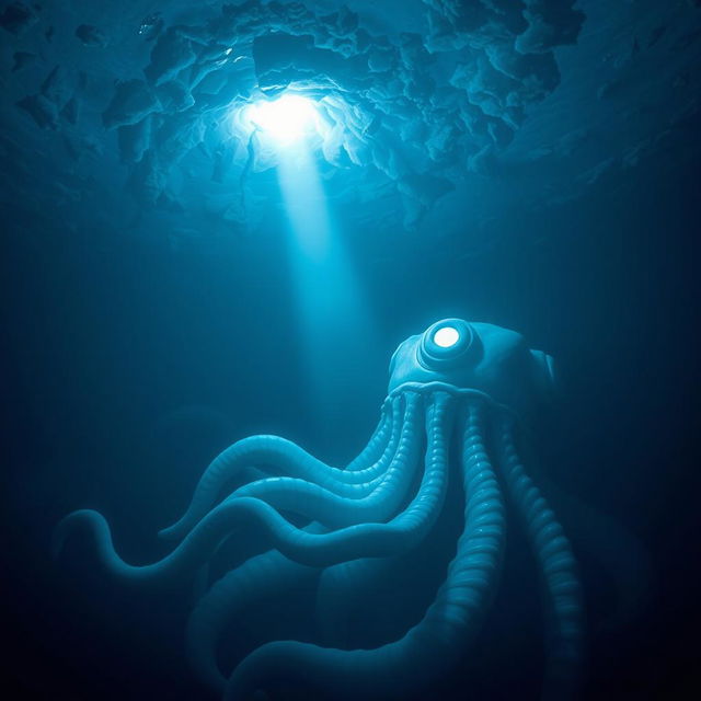 A gigantic deep sea creature, resembling a bioluminescent leviathan, is seen looking up towards a tiny flashlight beam piercing through a thick layer of icy water