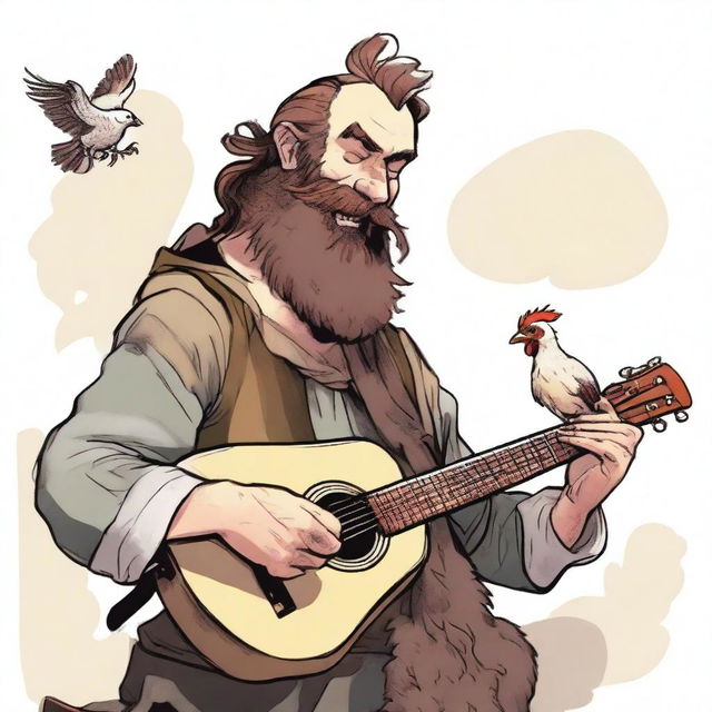 This is an ultra-realistic comic-style image of an ugly bard, smiling as he strums a lute